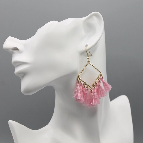 Jewelry earrings tassel statement drop dangle pink yellow gold tone boho new - Picture 5 of 8